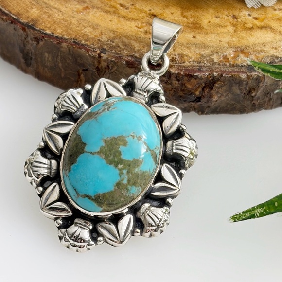 Pure Sterling Silver 925 Genuine Natural Turquoise Pendant Southwest Boho New - Picture 4 of 11